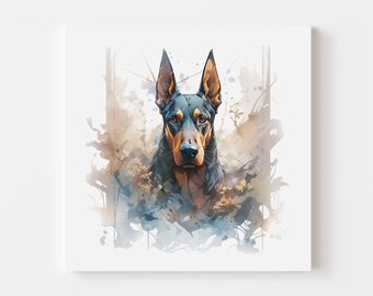 May include: A watercolor painting of a Doberman Pinscher dog with a black and tan coat. The dog is looking directly at the viewer with a serious expression. The background is a soft watercolor wash of blue, brown, and white.