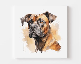 May include: Watercolor painting of a brown and black Boxer dog with a light brown background. The dog is looking directly at the viewer with a serious expression.