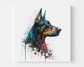 May include: A watercolor painting of a Doberman Pinscher dog with splashes of blue, green, orange, and purple paint.
