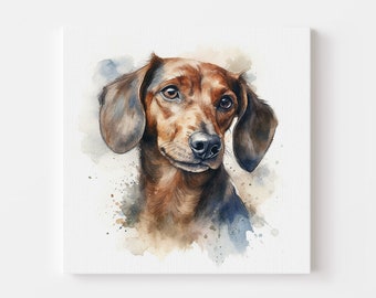 May include: Watercolor painting of a brown and black dachshund with a white background. The dog is looking directly at the viewer with a gentle expression.