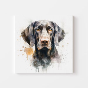 May include: Watercolor painting of a brown and black German Shorthaired Pointer dog with a white background. The dog is looking directly at the viewer with its ears perked up.