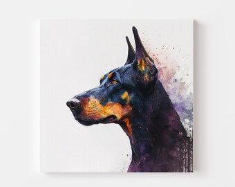 May include: A watercolor painting of a black and tan Doberman Pinscher dog with a white background. The dog is looking to the left and has a serious expression.
