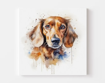 May include: Watercolor painting of a brown dachshund dog with a white background. The dog has brown eyes and a black nose. The painting is done in a realistic style and features splashes of blue and orange watercolor.
