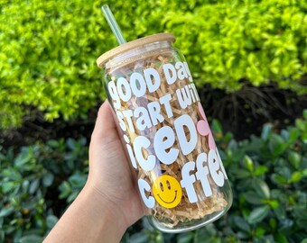 Copo de café gelado personalizado: Libbey Glass com tampa de bambu