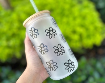Copo de vidro fosco com flor: Libbey Cup de 16oz com tampa de bambu