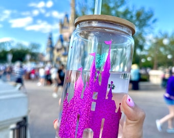 DISNEY GLASS TUMBLER | 16oz Glass cup with bamboo lid and straw | Cinderella Castle Design | Disney Iced Coffee Tumbler | Disneyland Cup