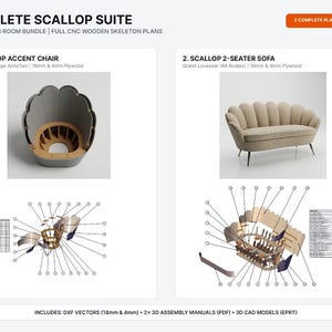 Scallop Suite 2-in-1 Cnc Cutting Files Dxf Pdf Cad, Sofa And Accent Chair Bundle, Wooden Loveseat Armchair Plans, Plywood Laser Pattern