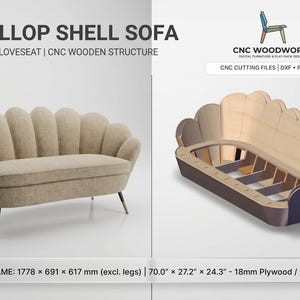 Peut inclure: Un canapé deux places beige avec un dossier en forme de coquille Saint-Jacques et des pieds métalliques fins, présenté avec sa structure interne en bois CNC. Le texte indique SCALLOP SHELL SOFA, CNC WOODWORKS et 1778 x 691 x 617 mm.
