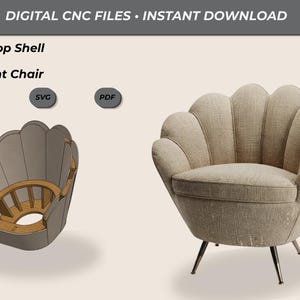 Peut inclure: Fichiers CNC numériques pour un fauteuil en forme de coquille Saint-Jacques, incluant les formats DXF, SVG et PDF. L'image montre un modèle de structure 3D et un fauteuil fini en tissu beige avec dossier incurvé et quatre pieds en métal.