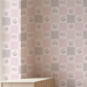 checkered cherry peel and stick wallpaper for girl nursery cherry coquette theme decor for bedroom pink cherry peel and stick wallpaper girl