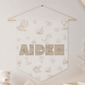 boy personalized boho dinosaur pennant for boy room wall decor with custom name dinosaur wall flag for boy nursery wall pennant boho neutral