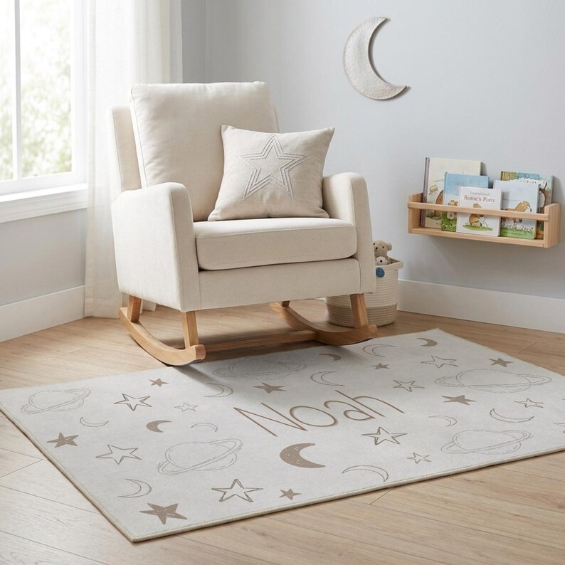 personalized celestial nursery area rug custom name minimalist decor for kids room moon and stars baby rug with name nursery decor celestial image 5