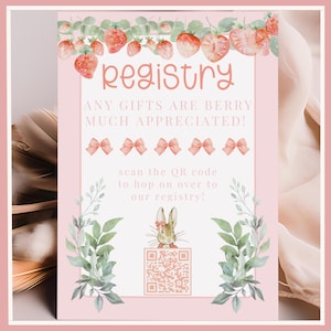 Inserto per scheda di registro digitale rosa con coniglietto di fragole per baby shower estivo per bambina, registro primaverile dolce con bacche, lista regali per bambina