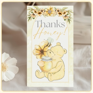Etichetta digitale per bomboniera baby shower con vasetto di miele, modificabile, decorazione acquerello con orso e ape, etichetta di ringraziamento stampabile per set estivo per baby shower con orsetto di miele