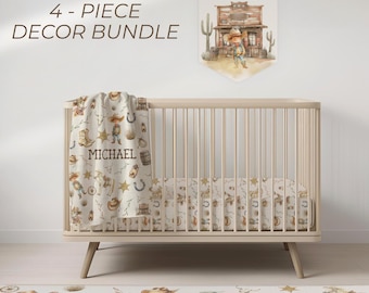 May include: A 4-piece nursery decor bundle featuring a cream-colored blanket and crib sheet with a brown western cowboy print, a wall banner with a cowboy illustration and the name MICHAEL, and a matching rug with western motifs.