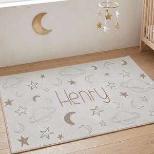 personalized celestial nursery area rug custom name minimalist decor for kids room moon and stars baby rug with name nursery decor celestial image 1