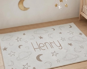 personalized celestial nursery area rug custom name minimalist decor for kids room moon and stars baby rug with name nursery decor celestial