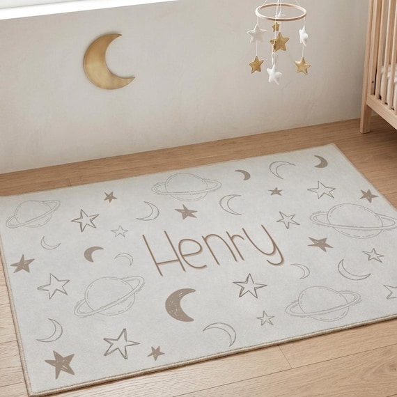 personalized celestial nursery area rug custom name minimalist decor for kids room moon and stars baby rug with name nursery decor celestial