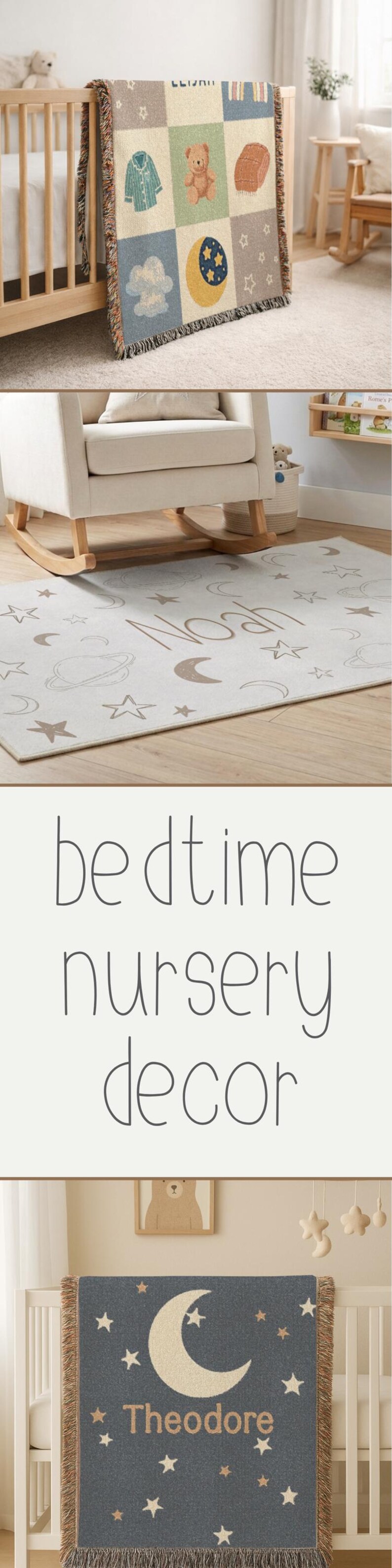 May include: A nursery scene featuring a crib with a patterned blanket, a rug with celestial designs, and a rocking chair. The blanket has a patchwork design with stars, a moon, and a teddy bear. The rug has a celestial pattern.