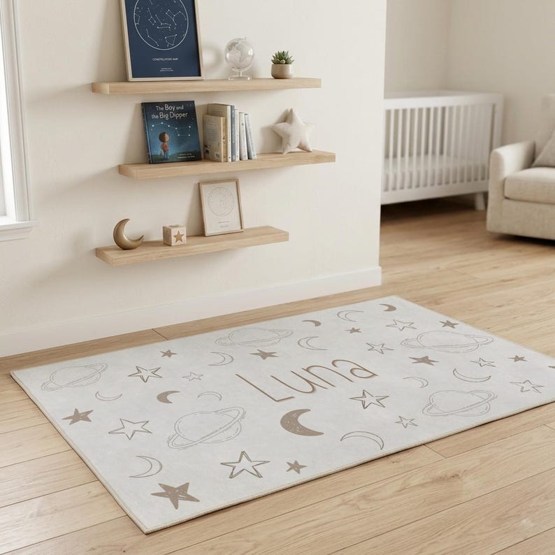 personalized celestial nursery area rug custom name minimalist decor for kids room moon and stars baby rug with name nursery decor celestial image 6