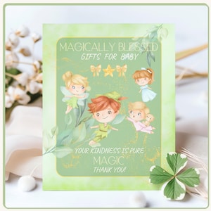 Cartello da tavolo per baby shower nella foresta incantata, stampabile, decorazioni verdi e oro per un magico baby shower, cartello digitale da scaricare per il tavolo dei regali