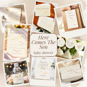 Ecco che arriva il figlio, un pacchetto di inviti digitali per baby shower stampabili, cartello di benvenuto con sole per baby shower estivo, decorazioni solari per bambini, pacchetto digitale