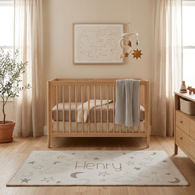 May include: A nursery scene featuring a wooden crib with a gray blanket and a rug with a celestial design and the name "Henry". A mobile with sun and star shapes hangs above the crib. A framed constellation print hangs on the wall.
