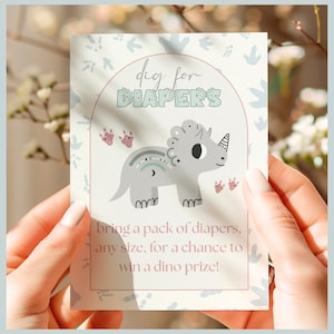 Tarjeta de rifa de pañales para baby shower con diseño de dinosaurio, descarga digital, paquete de decoración para bebé con ácaros de dinosaurios e imprimible para rifa de pañales, tema de dinosaurio para baby shower.