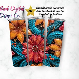 Tooled Leather Flowers, Spring Flowers, 20oz Skinny Tumbler Sublimation Design Templates, Straight PNG Digital Download