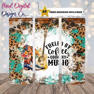 Alimenté par le café et la musique country, modèles de conception de sublimation de gobelet maigre 20 oz, téléchargement numérique PNG droit