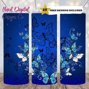 Blauwe vlinders, 20 oz magere beker sublimatieontwerp recht ontwerp digitale download, png