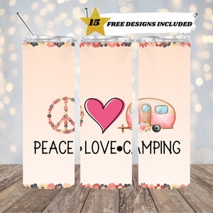 Peace Love Camping, 20oz Skinny Tumbler Sublimation Design Templates, Straight PNG Digital Download