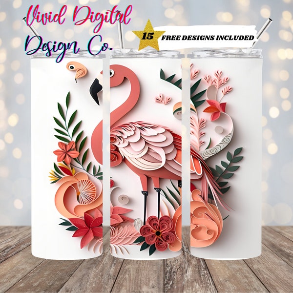 Flamingo Paper Quill, 20oz Skinny Tumbler, Sublimation Design Templates, Straight PNG Digital Download, Sublimation Template