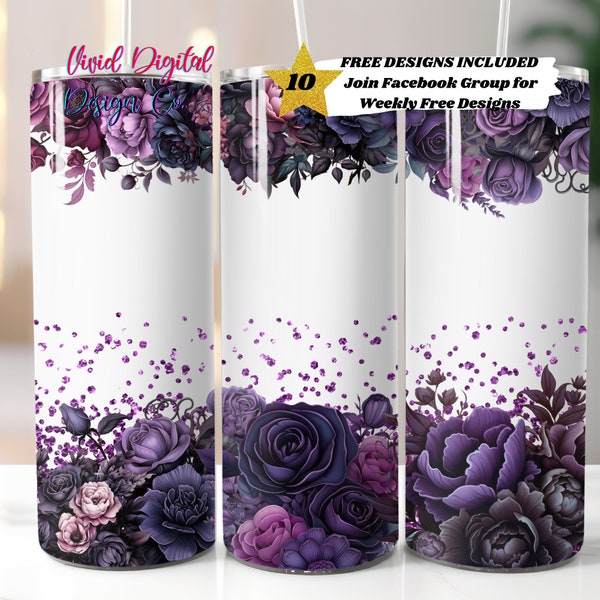 Purple Black Glitter Flowers Tumbler, 20oz Skinny Tumbler, Sublimation Design Templates, Straight PNG Digital Download, Sublimation Template