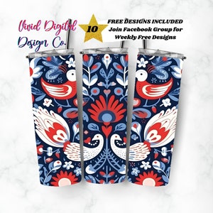 Arte popolare, scandinavo, nordico, bicchiere sottile da 20 once, modelli di design per sublimazione, download digitale PNG dritto, modello per sublimazione