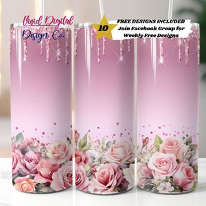 Pink Roses Glitter Tumbler, 20oz Skinny Tumbler, Sublimation Design Templates, Straight PNG Digital Download, Sublimation Template
