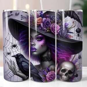 Black Witch, Wiccan, Raven, Skull, Halloween, Fall, 20oz Skinny Tumbler Sublimation Design Templates, Straight PNG Digital Download