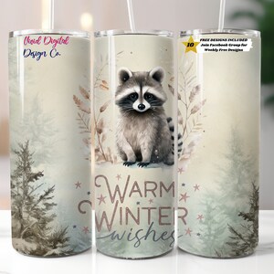Vintage Winter, Christmas, Raccoon, 20oz Skinny Tumbler, Sublimation Design Templates, Straight PNG Digital Download, Sublimation Template