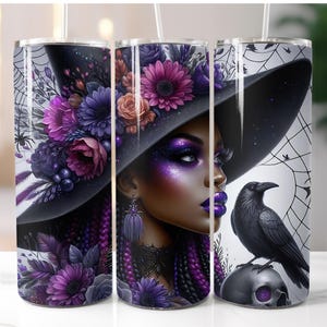 Black Witch, Wiccan, Raven, Skull, Halloween, Fall, 20oz Skinny Tumbler Sublimation Design Templates, Straight PNG Digital Download