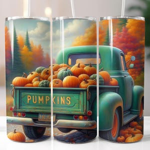 Fall Pumpkins Truck, Autumn, Fall Leaves, 20oz Skinny Tumbler Sublimation Design Templates, Straight PNG Digital Download