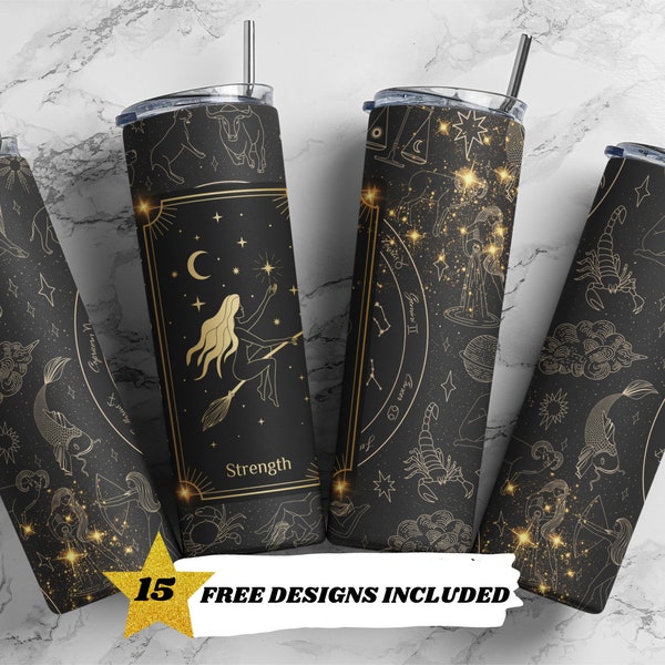 Strength, Celestial, Moon, Galaxy, Astrology, Tarot Cards, 20oz Skinny Tumbler Sublimation Design Templates, Straight PNG Digital Download