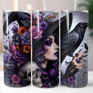 Witch, Wiccan, Raven, Skull, Halloween, Fall, 20oz Skinny Tumbler Sublimation Design Templates, Straight PNG Digital Download