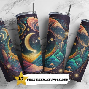 Celeste, Luna, Galassia, Astrologia, Tarocchi, Modelli di design per sublimazione per bicchieri sottili da 20 once, Download digitale PNG dritto