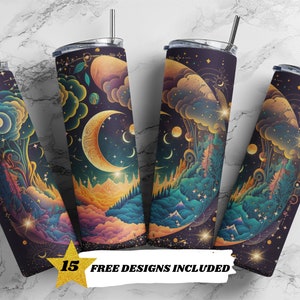 Celestial, Lua, Galáxia, Astrologia, Cartas de Tarô, Modelos de Design de Sublimação de Tumbler Skinny de 20 onças, Download Digital PNG Reto