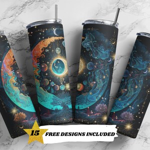 Celeste, Luna, Galassia, Astrologia, Tarocchi, Modelli di design per sublimazione per bicchieri sottili da 20 once, Download digitale PNG dritto