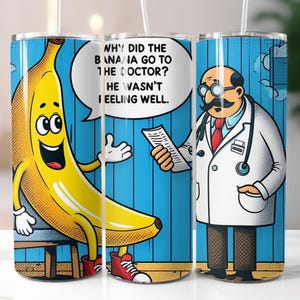 Scherzo sulla banana, commedia, divertente, fumetto, modelli di design per sublimazione per bicchieri magri da 20 once, download digitale PNG dritto