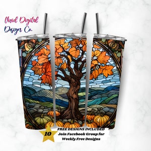 Árbol de calabaza de otoño, vaso delgado de 20 oz, plantillas de diseño de sublimación, descarga digital PNG recta, plantilla de sublimación