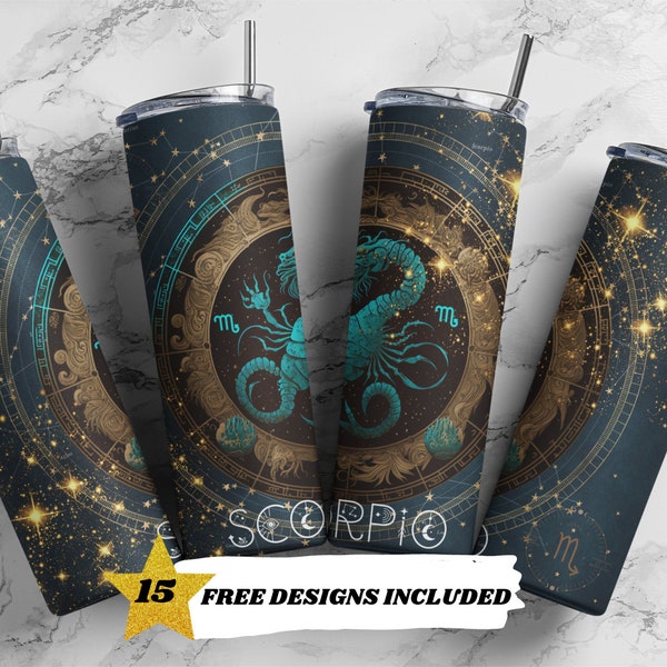 Celestial Zodiac Tumbler Glitter 20 oz Skinny Tumbler Sublimation Design Straight Design Digital Download PNG Scorpio Astrological Sign