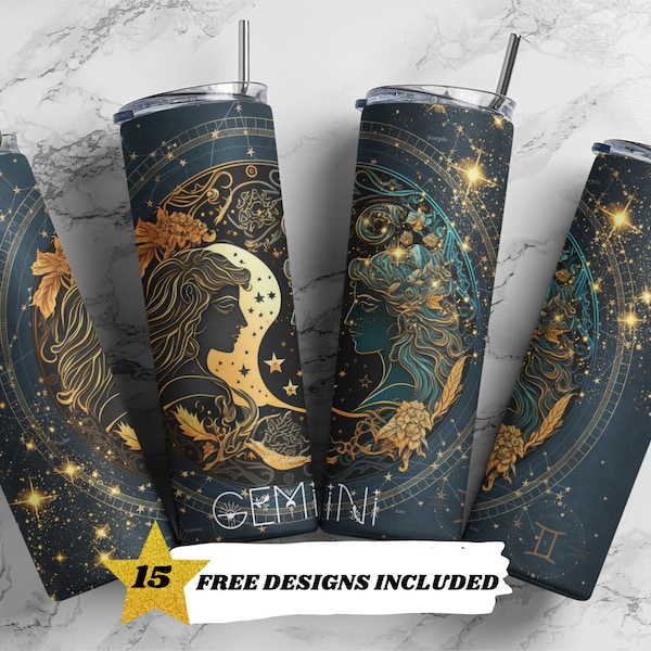 Celestial Zodiac Tumbler Glitter 20 oz Skinny Tumbler Sublimation Design Straight Design Digital Download PNG Gemini Astrological Sign