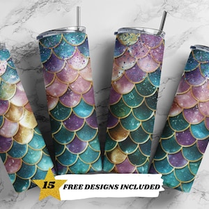 Glitter Mermaid Scales, 20 oz Skinny Tumbler Sublimation Design Straight Design Digital Download PNG